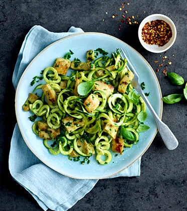 Fillet Pieces and Kale Pesto with Courgetti plated