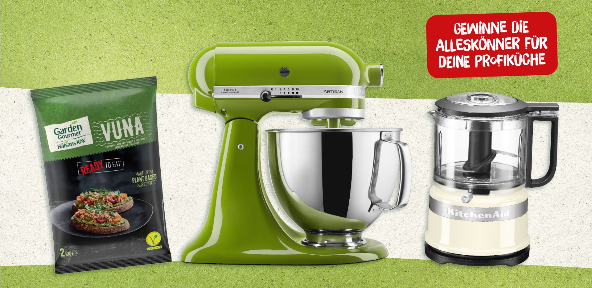 Gewinnspiel Garden Gourmet Vuna mit grünen und weißen Kitchen Aid Produkten