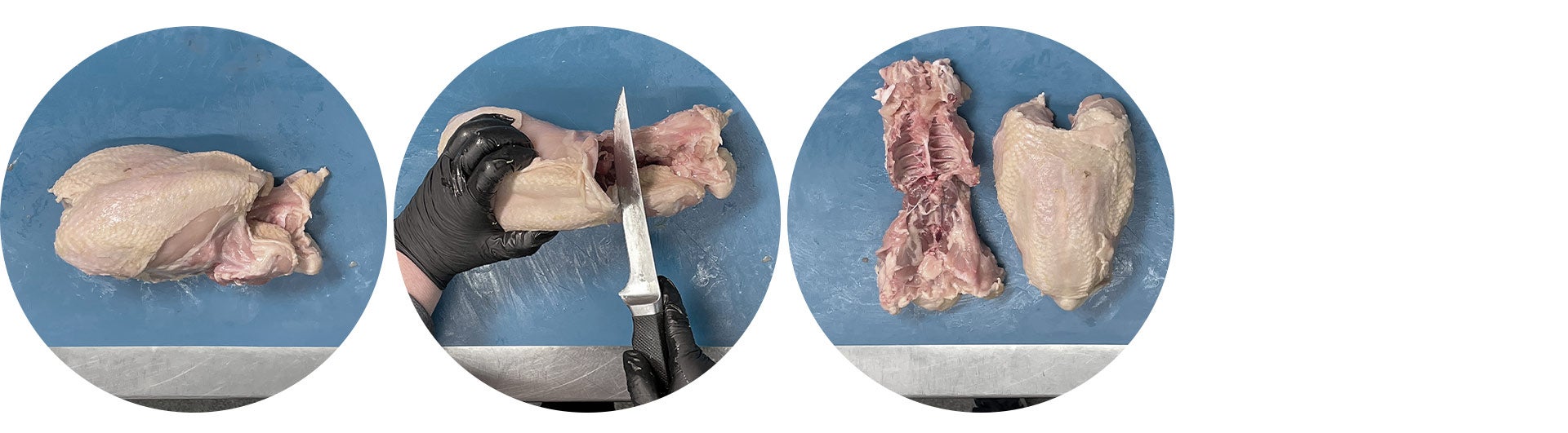 Hand in schwarzen Hygienehandschuhen spaltet Hänchenmittelkörper