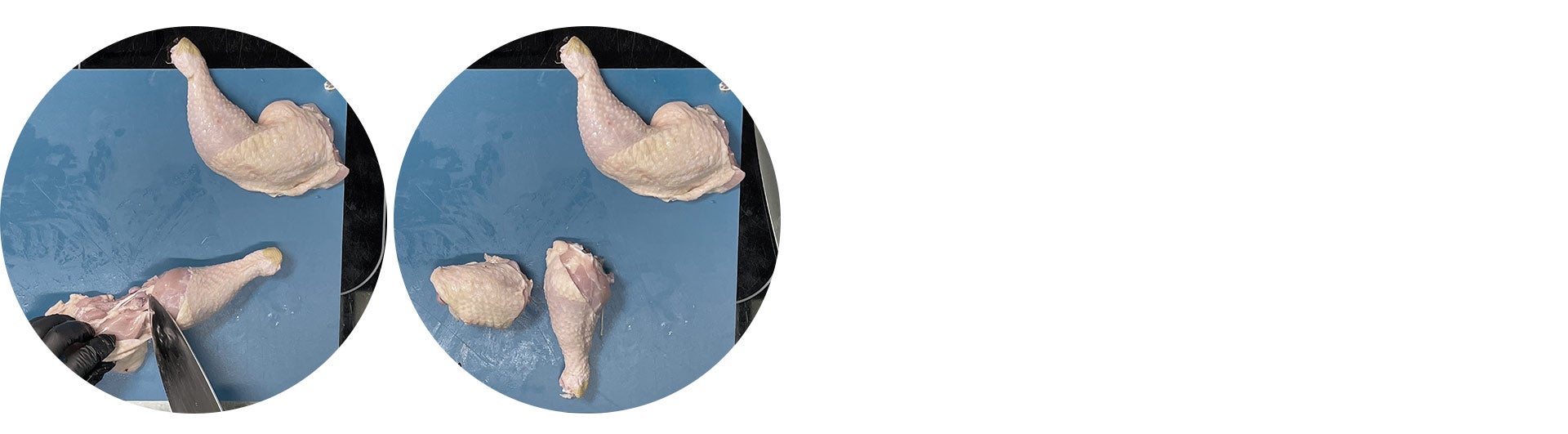 Hand in schwarzen Hygienehandschuhen schneidet Hähnchenschnekel ab