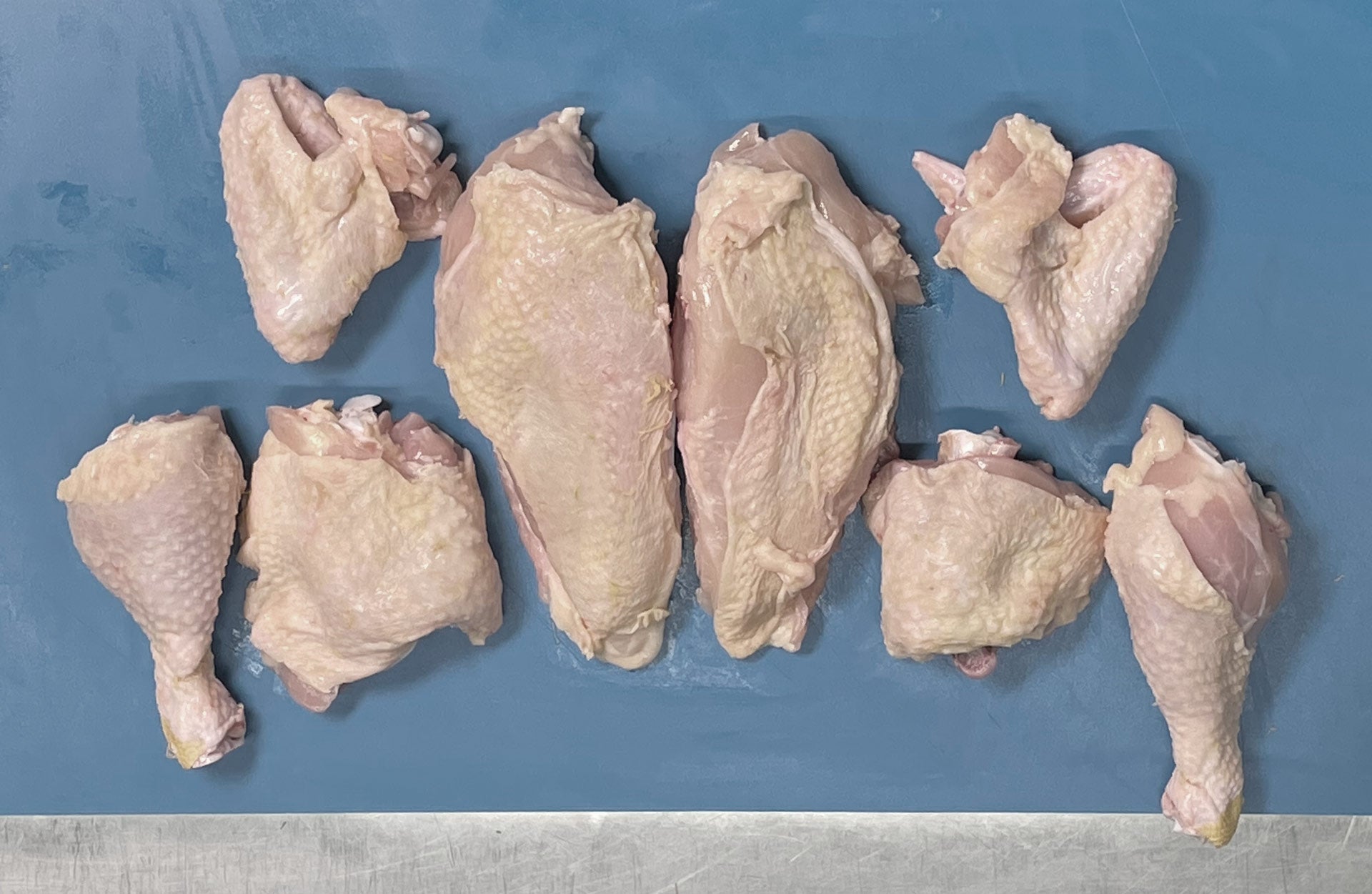 Zerlegtes ganzes Hähnchen auf blauen Untergrund