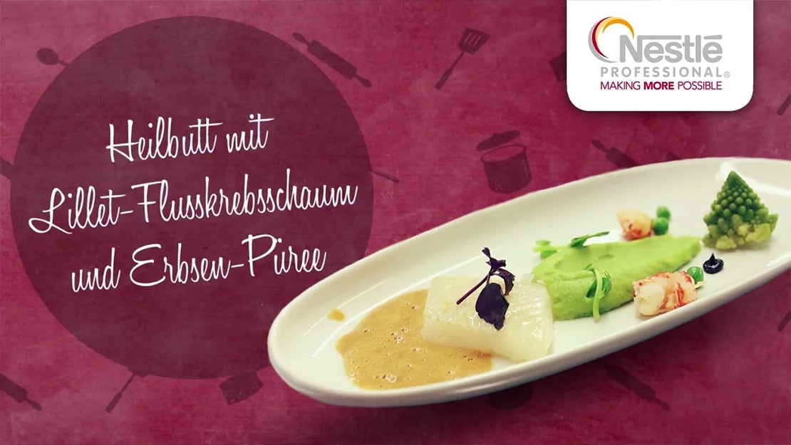 Kalt geräucherter Heilbutt, Lillet-Flusskrebsschaum, Erbsen-Zitronenverbenen-Püree