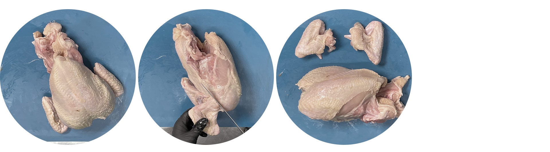 Hand in schwarzen Hygienehandschuhen schneidet Hänchenflügel in drei Schritte