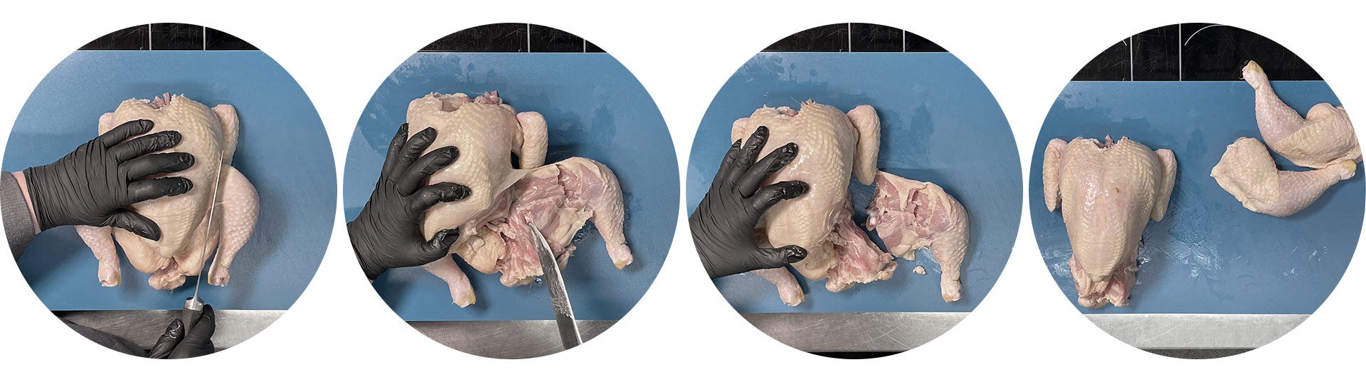 Hand in schwarzen Hygienehandschuhen schneidet Hähnchenschnekel in Schritten