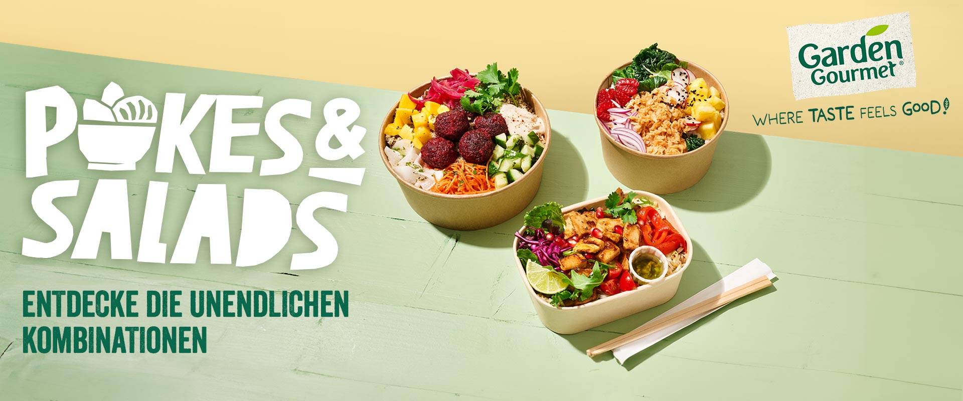 Banner Bowls Kampagne mit Bowls und Salaten, die Produkte von GARDEN GOURMET verwenden