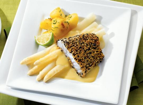Gebratener Waller in Sesam auf Stangenspargel in Dijon-Senf-Sauce