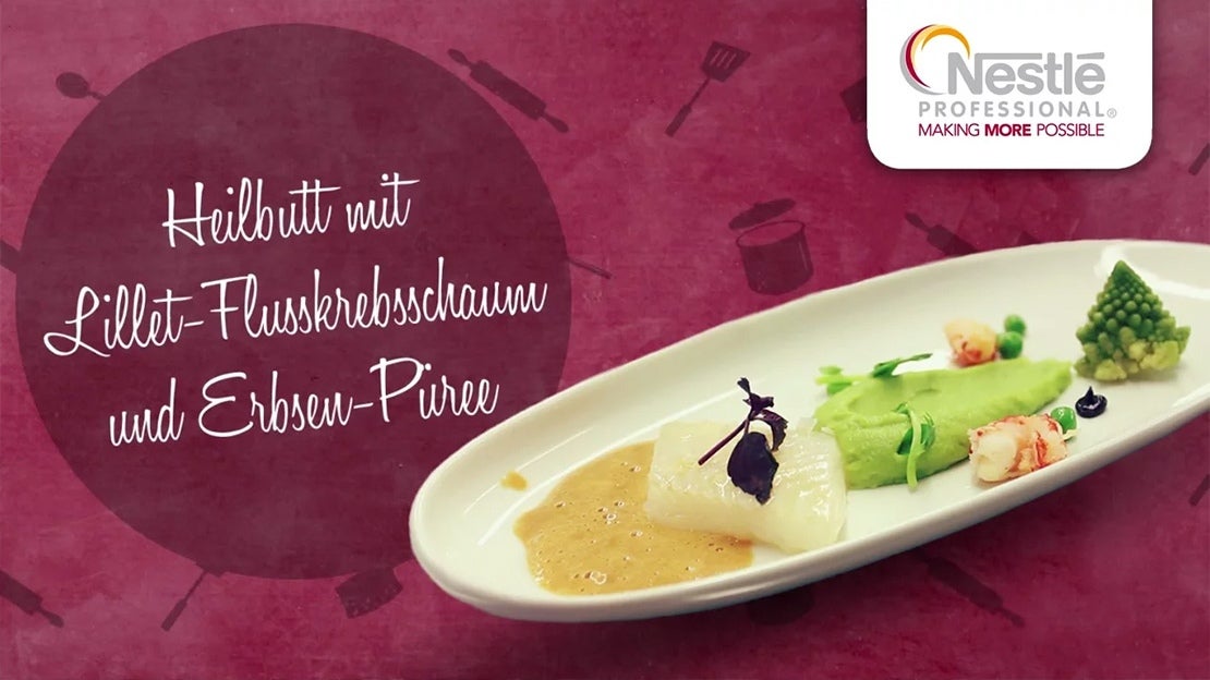 Kalt geräucherter Heilbutt, Lillet-Flusskrebsschaum, Erbsen-Zitronenverbenen-Püree