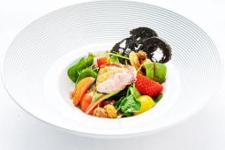 Wald- und Wiesensalat / sautierte Taubenbrust / Erdbeervinaigrette / Früchtebrotchip