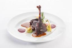 Gänsekeule in Orangen-Aprikosensauce, Rotkohlschaum