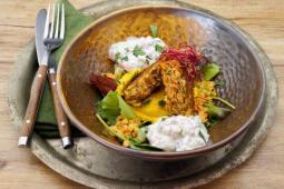 Linsentaler auf Kürbismousse, glasierte Linsen, Tomaten-Gurken-Raita