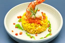 Garnele/Fregula CHEF Fishfond Risotto / Paprikaragout
