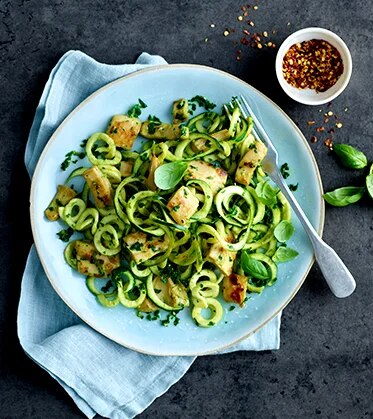 Fillet Pieces and Kale Pesto with Courgetti plated
