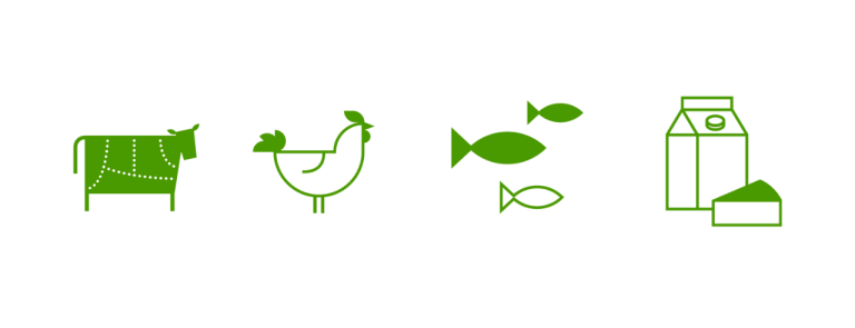 Icon Aufzählung von Rind, Huhn, Fisch, Milch